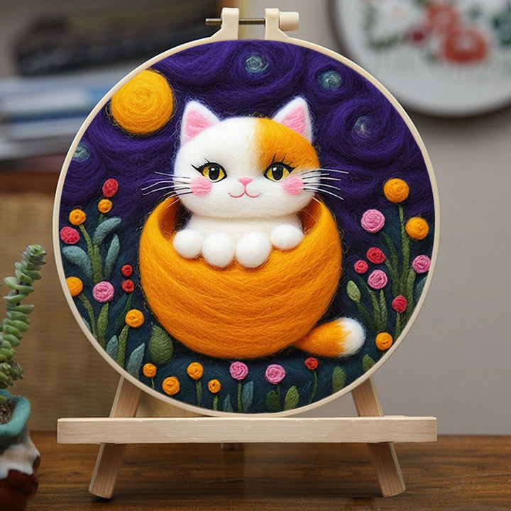 Cute Cat Sitting in Basket Wool Needle Felting Painting Kit