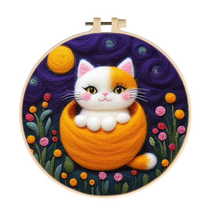 Cute Cat Sitting in Basket Wool Needle Felting Painting Kit