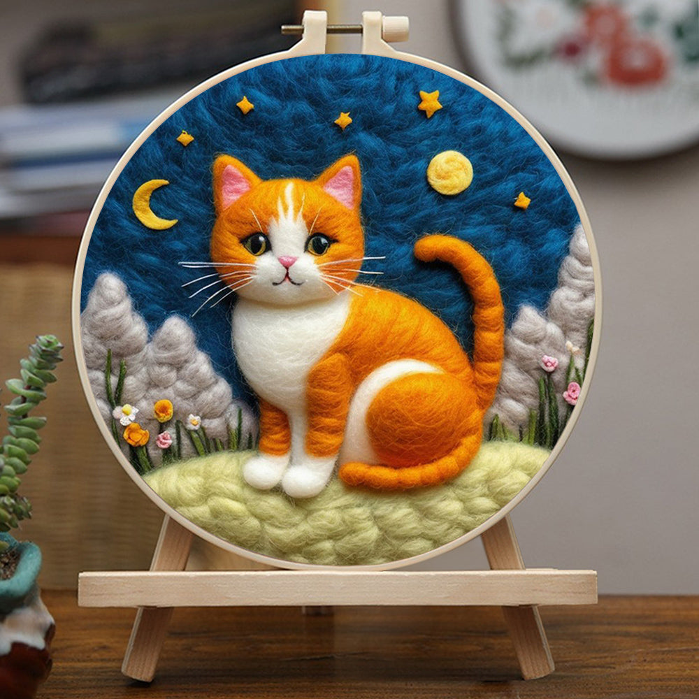 Cat Sitting in Night Sky Wool Needle Felting Painting Kit