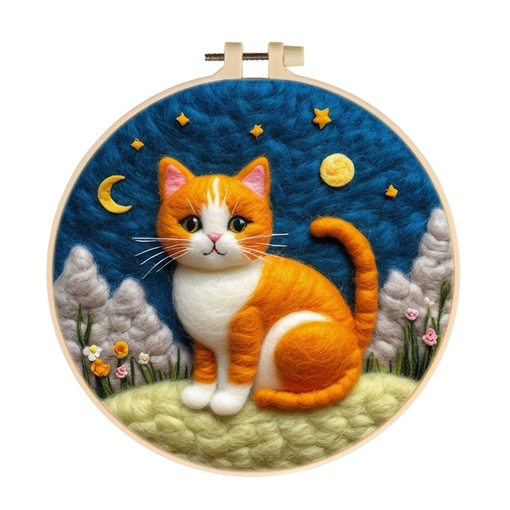 Cat Sitting in Night Sky Wool Needle Felting Painting Kit