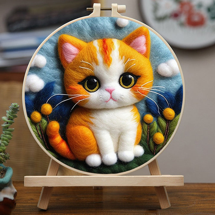 Fluffy Orange Cat with Flowers Wool Needle Felting Painting Kit