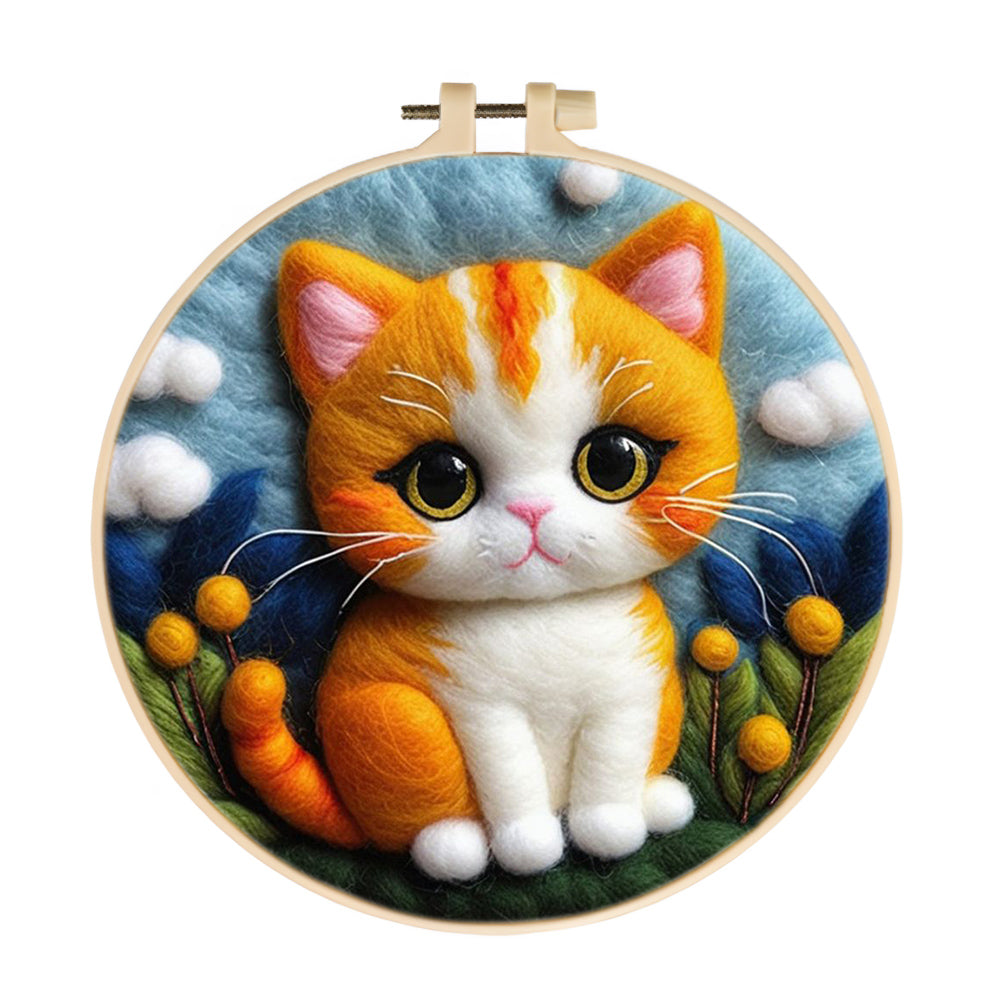 Fluffy Orange Cat with Flowers Wool Needle Felting Painting Kit