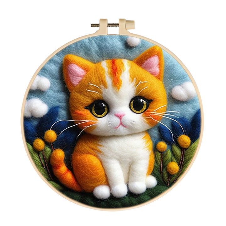 Fluffy Orange Cat with Flowers Wool Needle Felting Painting Kit