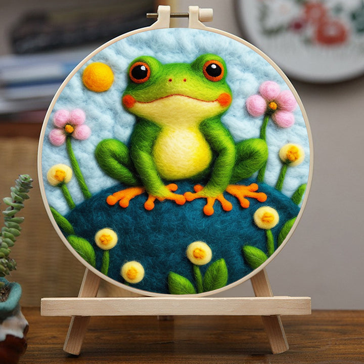Smiling Frog among Flowers Wool Needle Felting Painting Kit