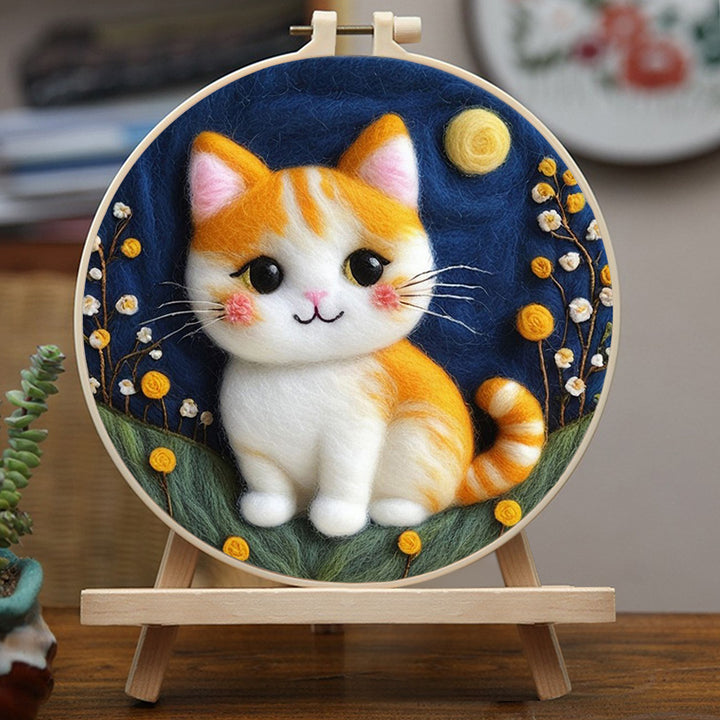 Fluffy Cat with Moon and Flowers Wool Needle Felting Painting Kit