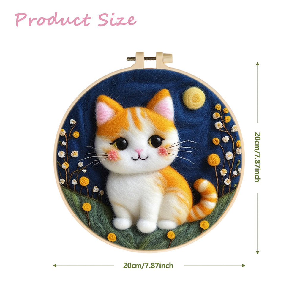 Fluffy Cat with Moon and Flowers Wool Needle Felting Painting Kit