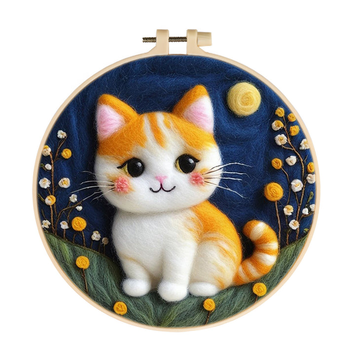 Fluffy Cat with Moon and Flowers Wool Needle Felting Painting Kit