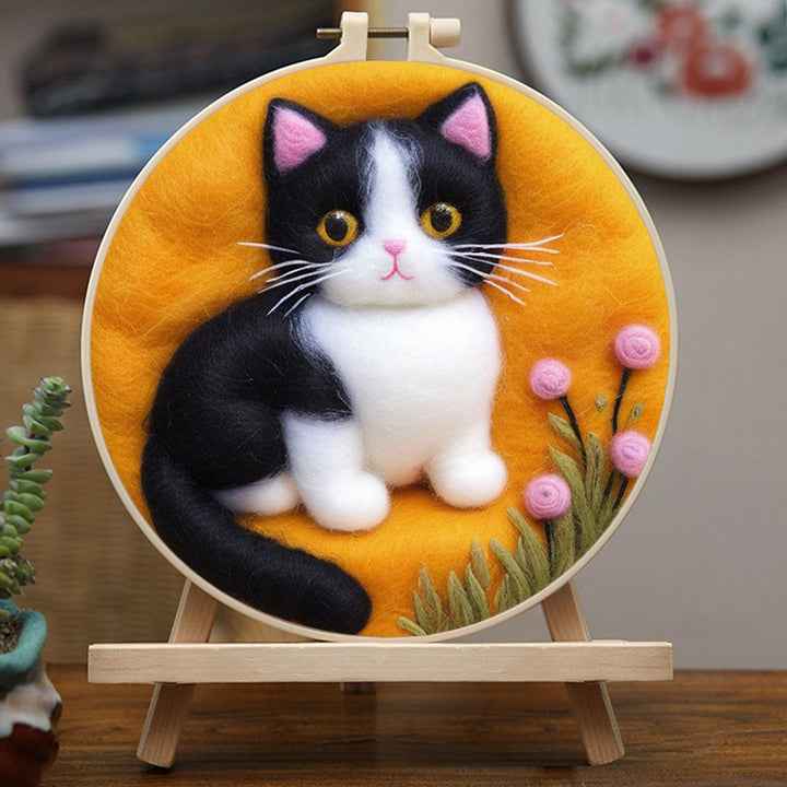 Black and White Cat with Flowers Wool Needle Felting Painting Kit