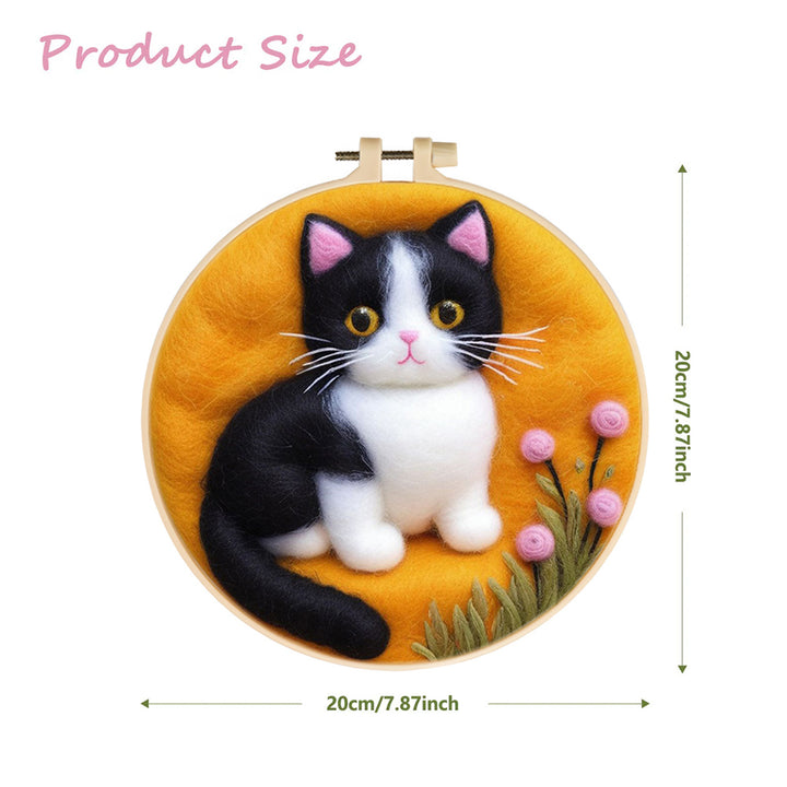 Black and White Cat with Flowers Wool Needle Felting Painting Kit