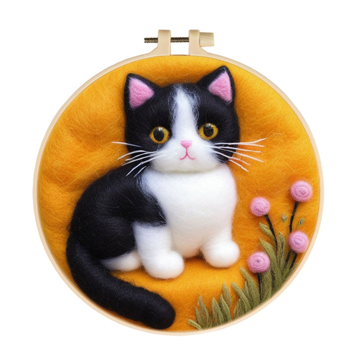 Black and White Cat with Flowers Wool Needle Felting Painting Kit