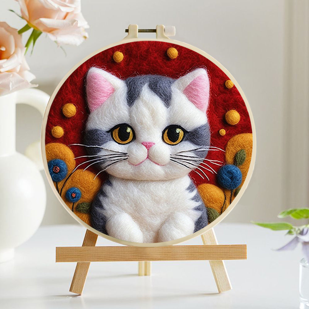 Cat Smiles Surrounded by Bright Blooms Wool Needle Felting Painting Kit