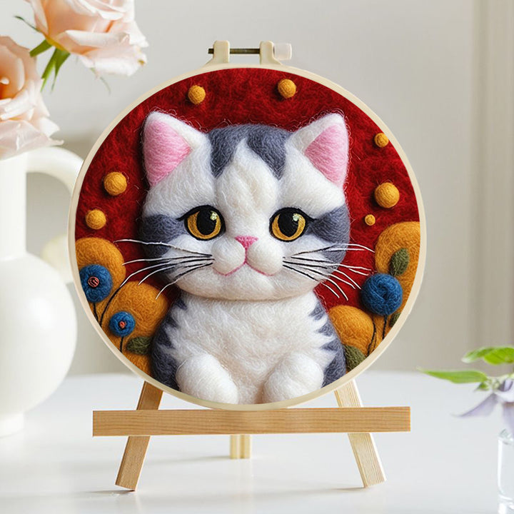 Cat Smiles Surrounded by Bright Blooms Wool Needle Felting Painting Kit