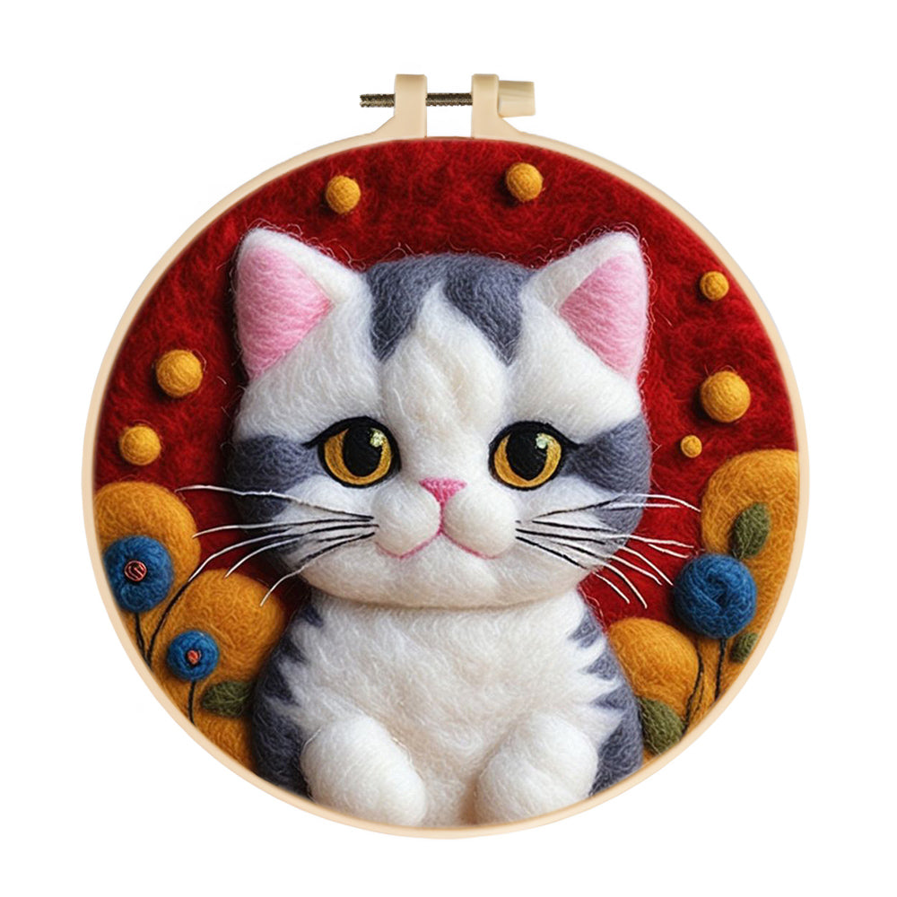 Cat Smiles Surrounded by Bright Blooms Wool Needle Felting Painting Kit
