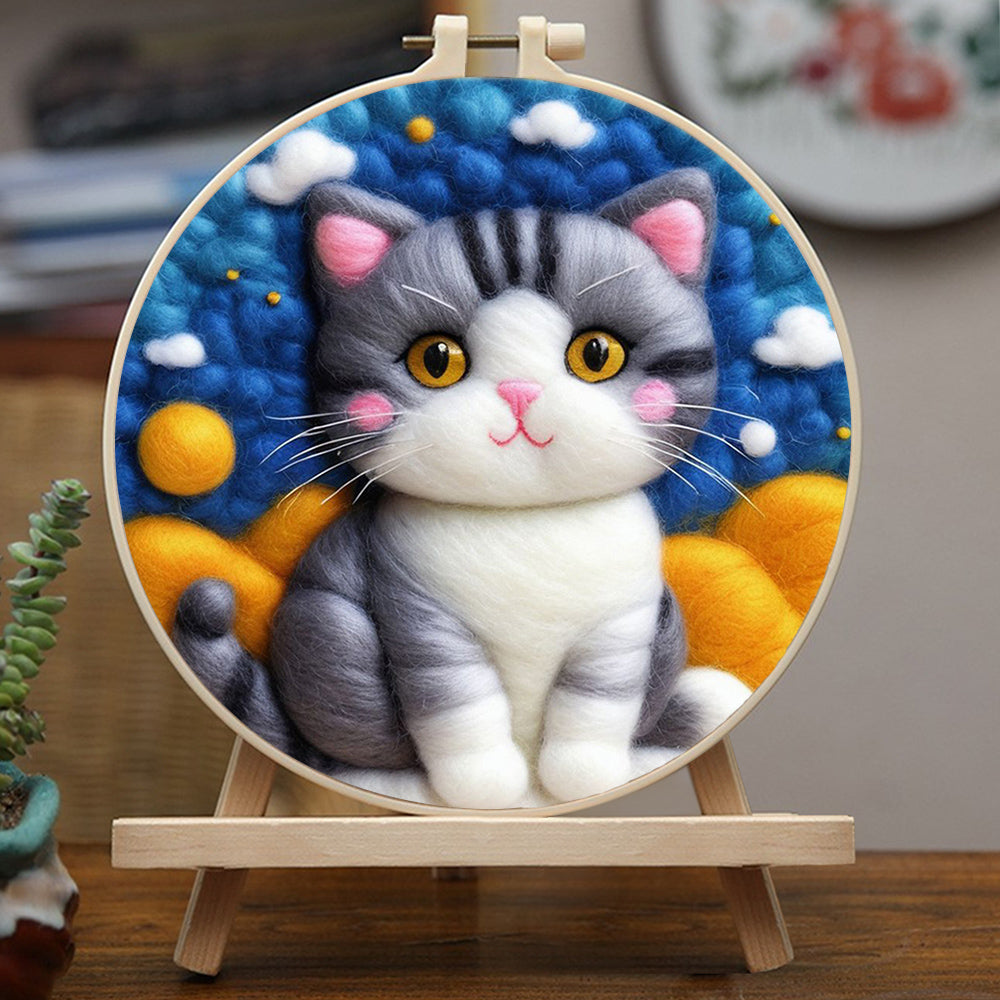 Cute Cat with Cloudy Sky and Sun Wool Needle Felting Painting Kit
