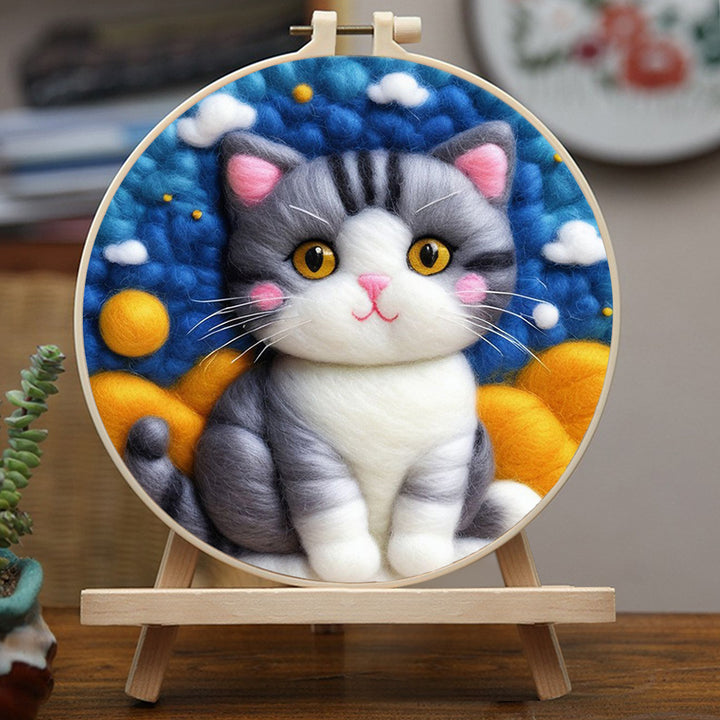 Cute Cat with Cloudy Sky and Sun Wool Needle Felting Painting Kit