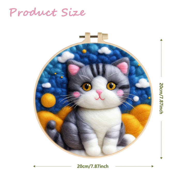 Cute Cat with Cloudy Sky and Sun Wool Needle Felting Painting Kit