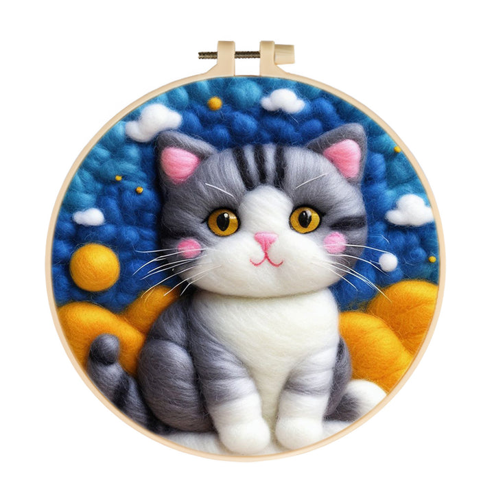 Cute Cat with Cloudy Sky and Sun Wool Needle Felting Painting Kit