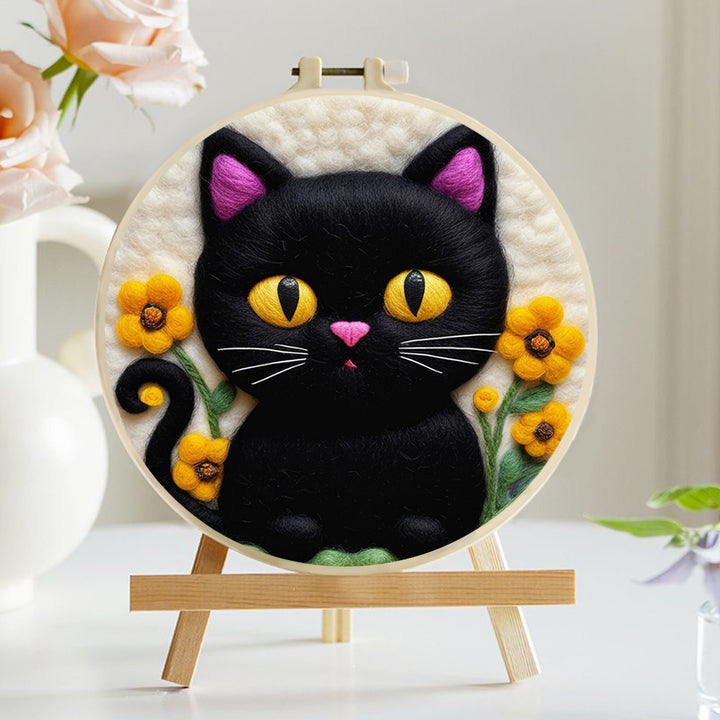 Playful Black Cat Surrounded by Blooms Wool Needle Felting Painting Kit