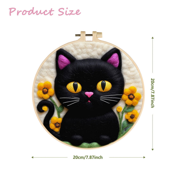 Playful Black Cat Surrounded by Blooms Wool Needle Felting Painting Kit
