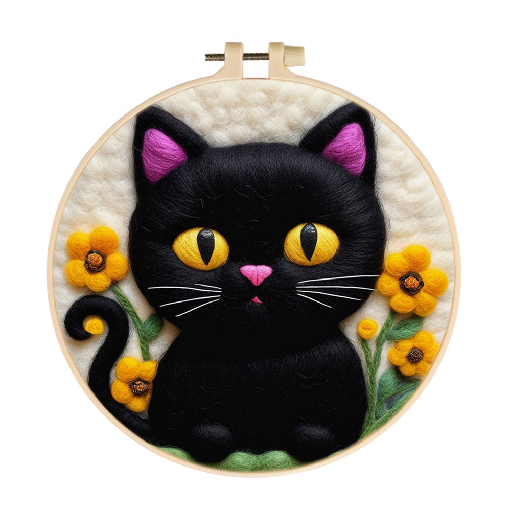 Playful Black Cat Surrounded by Blooms Wool Needle Felting Painting Kit