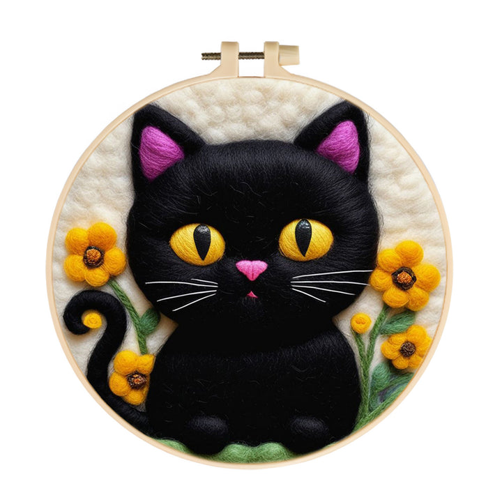 Playful Black Cat Surrounded by Blooms Wool Needle Felting Painting Kit