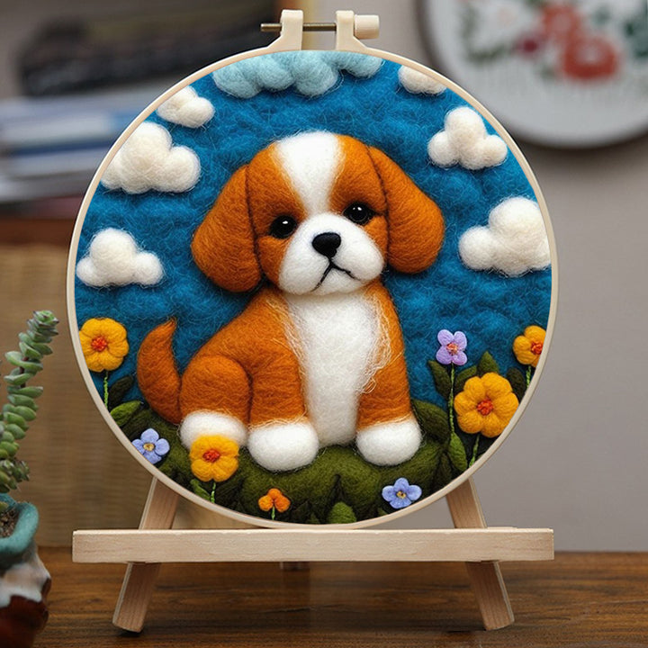 Dog Sitting in Flower Field Wool Needle Felting Painting Kit