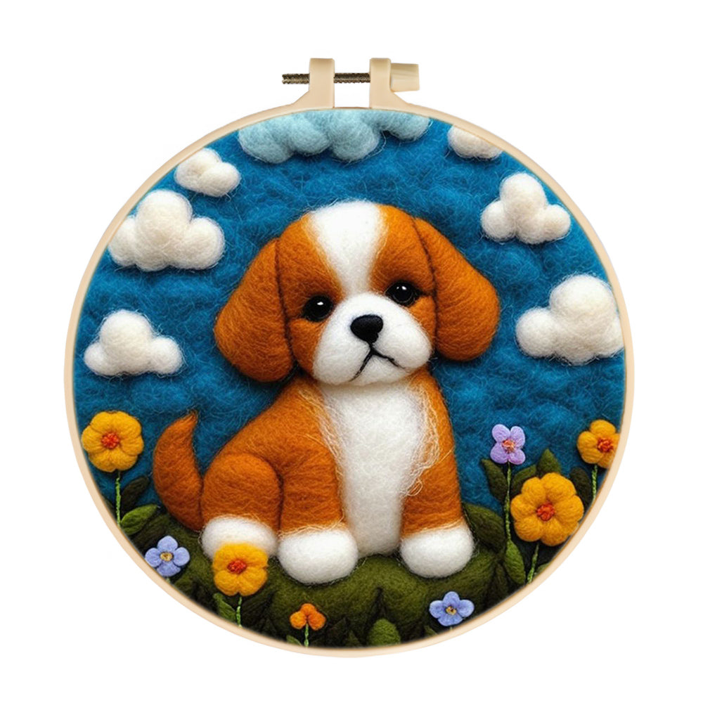 Dog Sitting in Flower Field Wool Needle Felting Painting Kit