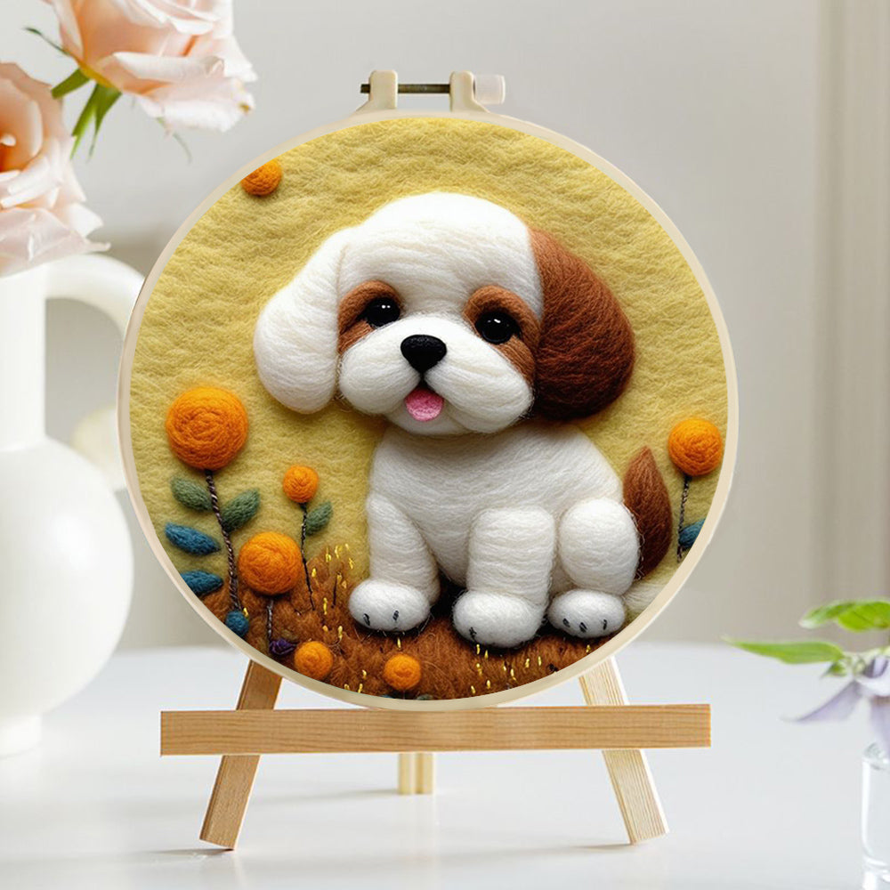 Small Dog Smiling in Yellow Field Wool Needle Felting Painting Kit