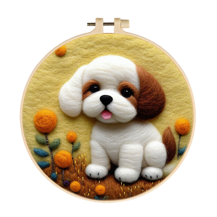 Small Dog Smiling in Yellow Field Wool Needle Felting Painting Kit