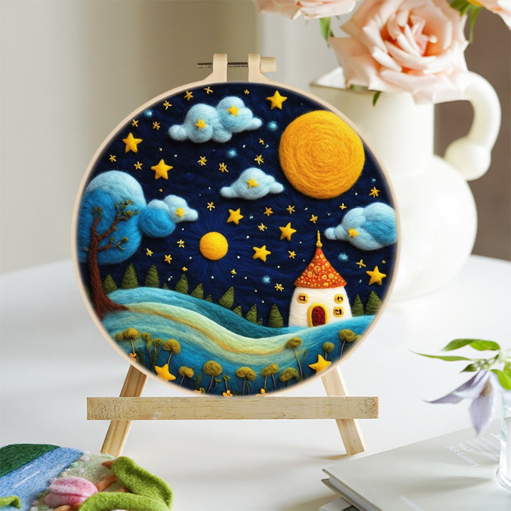 Small House under the Starry Sky Wool Needle Felting Painting Kit