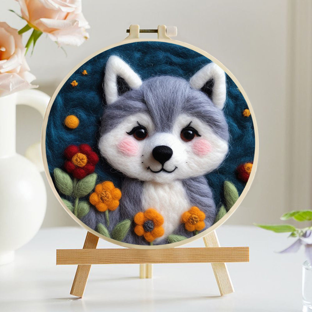 Wolf Pup Smiles Amid Colorful Blooms Wool Needle Felting Painting Kit
