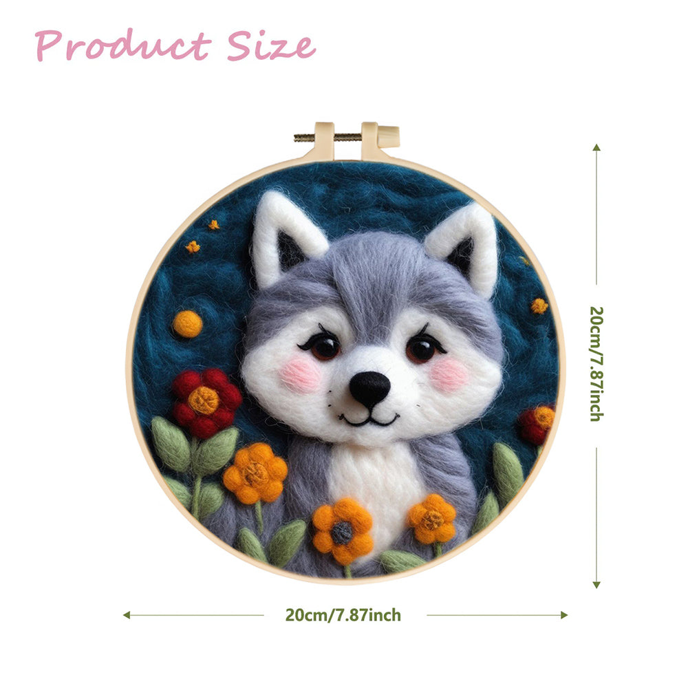 Wolf Pup Smiles Amid Colorful Blooms Wool Needle Felting Painting Kit