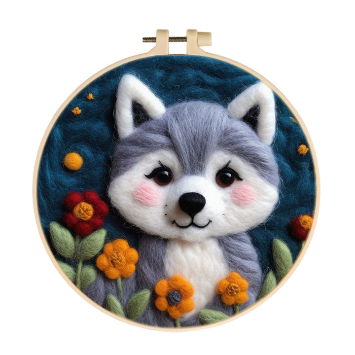 Wolf Pup Smiles Amid Colorful Blooms Wool Needle Felting Painting Kit