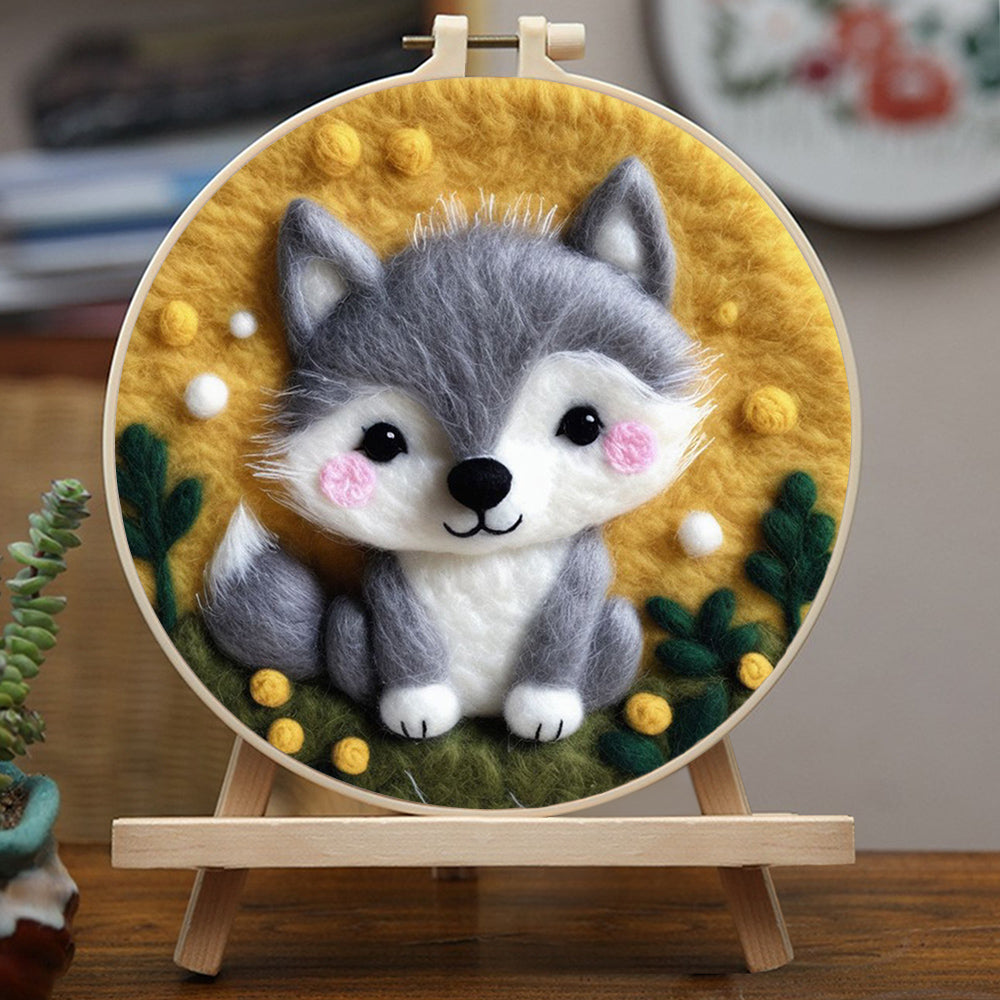 Fluffy Wolf Sitting Among Yellow Dots Wool Needle Felting Painting Kit