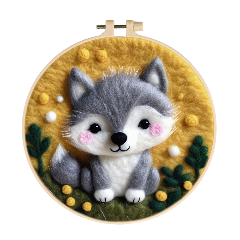 Fluffy Wolf Sitting Among Yellow Dots Wool Needle Felting Painting Kit