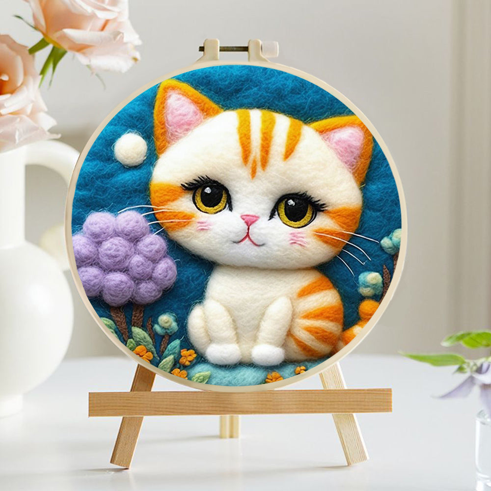 Cat with Orange Stripes Among Flowers Wool Needle Felting Painting Kit