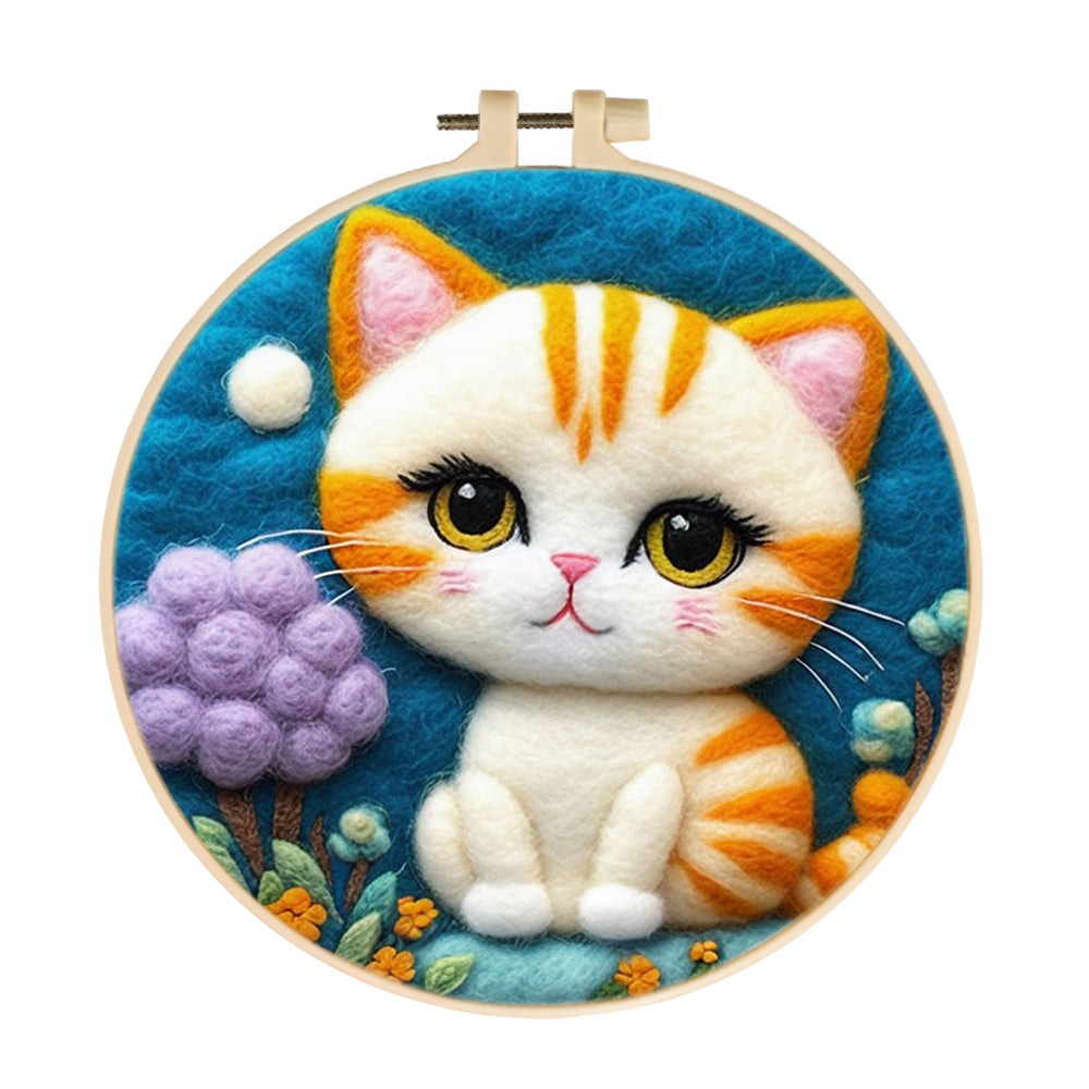 Cat with Orange Stripes Among Flowers Wool Needle Felting Painting Kit