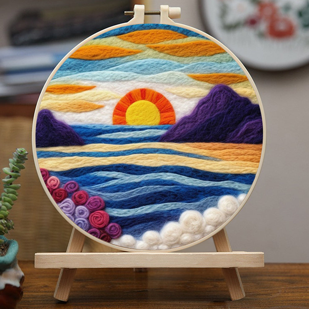 Sunset Over the Ocean and Peaks Wool Needle Felting Painting Kit