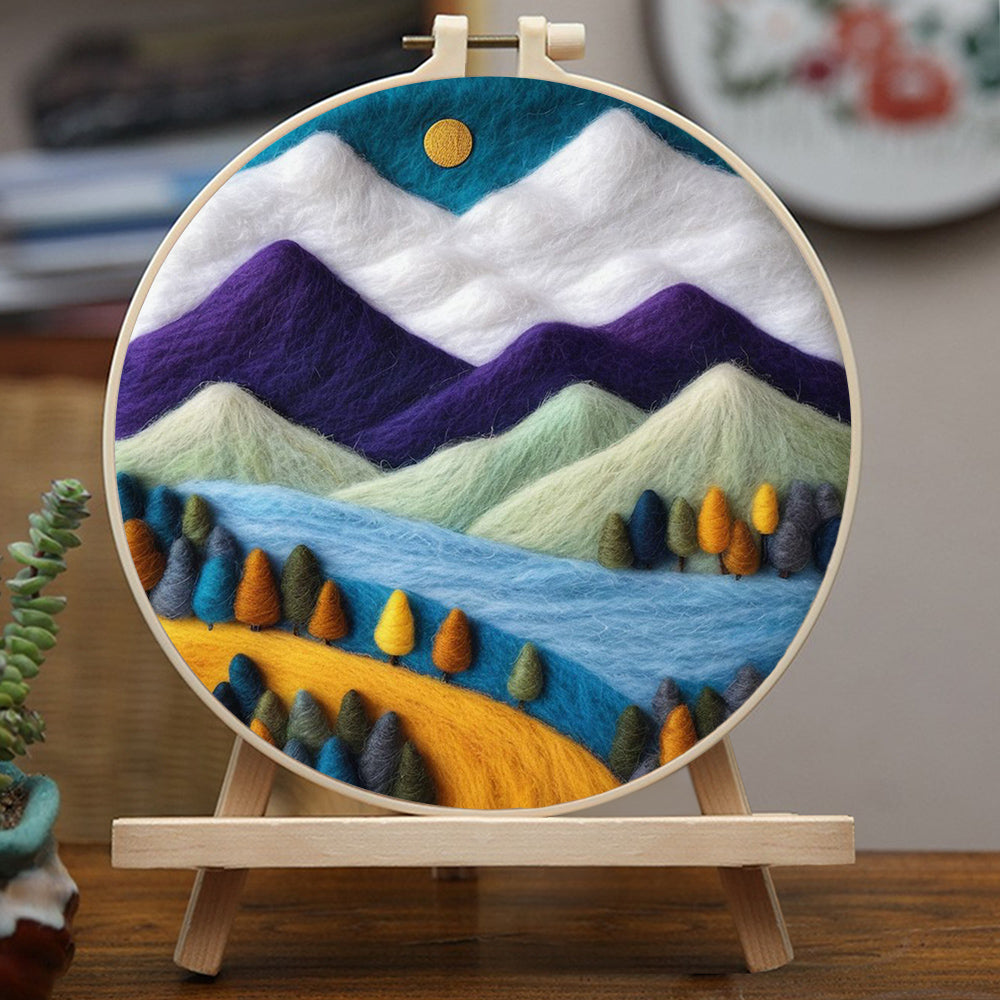 Flowing River Between Majestic Mountains Wool Needle Felting Painting Kit