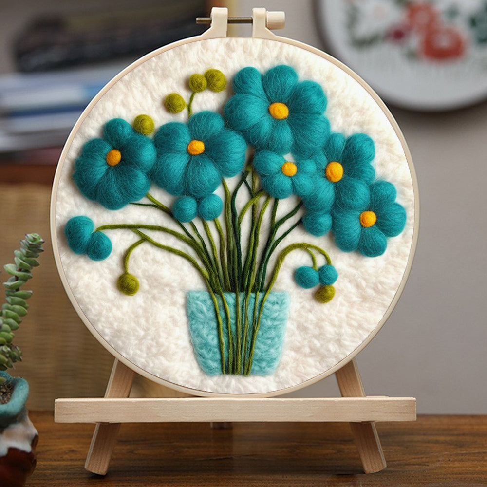 Vibrant Blue Flowers in Vase Wool Needle Felting Painting Kit
