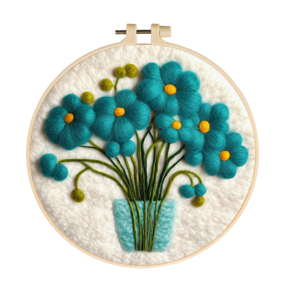 Vibrant Blue Flowers in Vase Wool Needle Felting Painting Kit