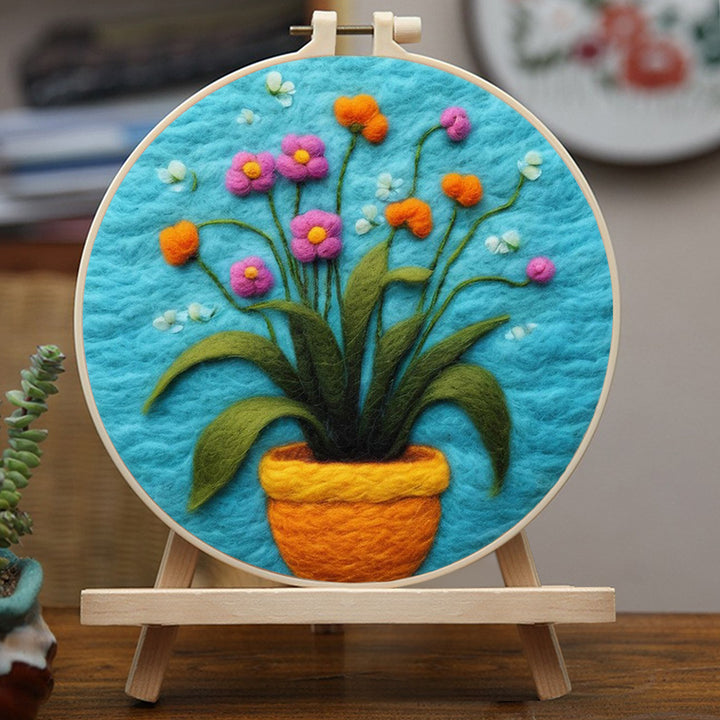 Vibrant Flowers with Green Leaves Wool Needle Felting Painting Kit