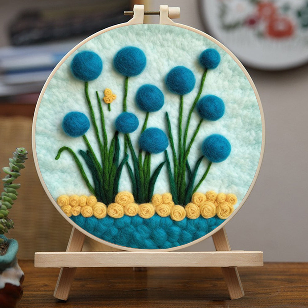 Blue Blossoms with Yellow Round Base Wool Needle Felting Painting Kit