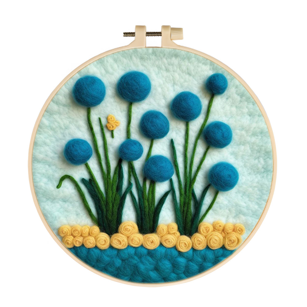 Blue Blossoms with Yellow Round Base Wool Needle Felting Painting Kit