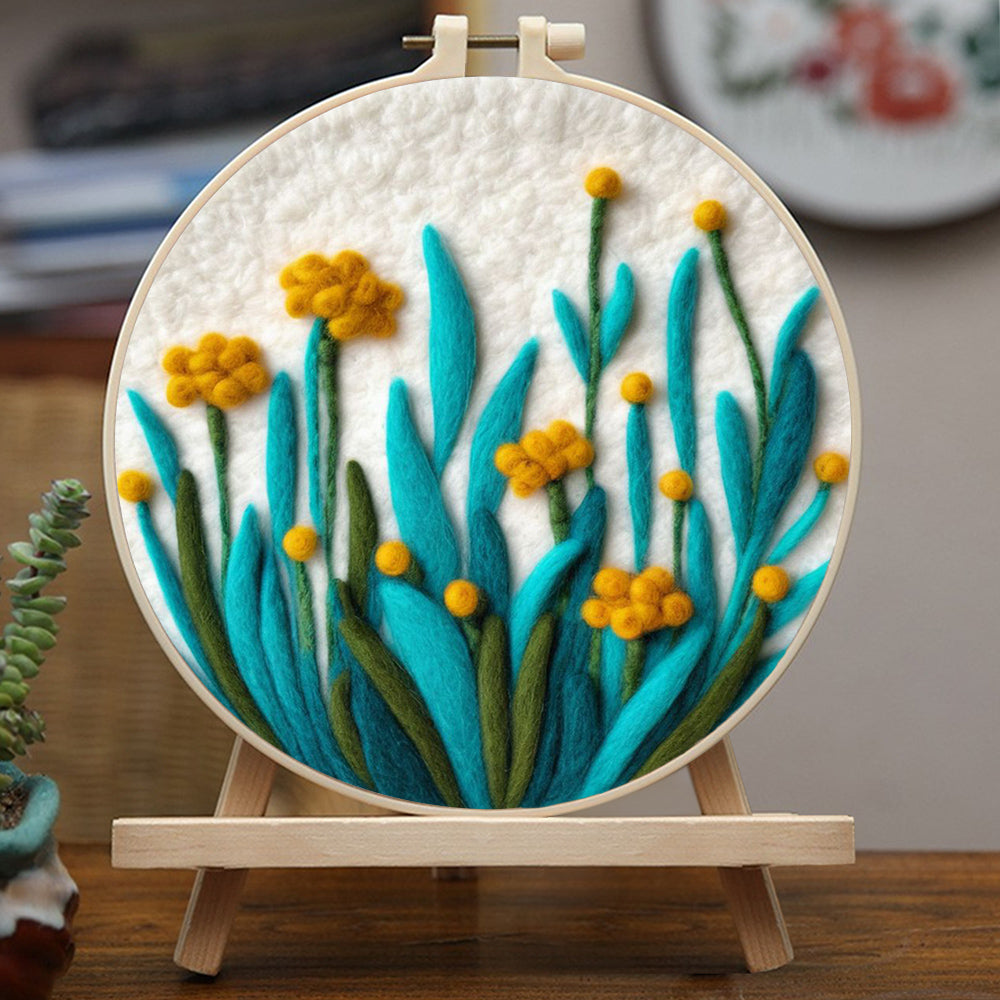 Bright Yellow Flowers with Blue Stems Wool Needle Felting Painting Kit