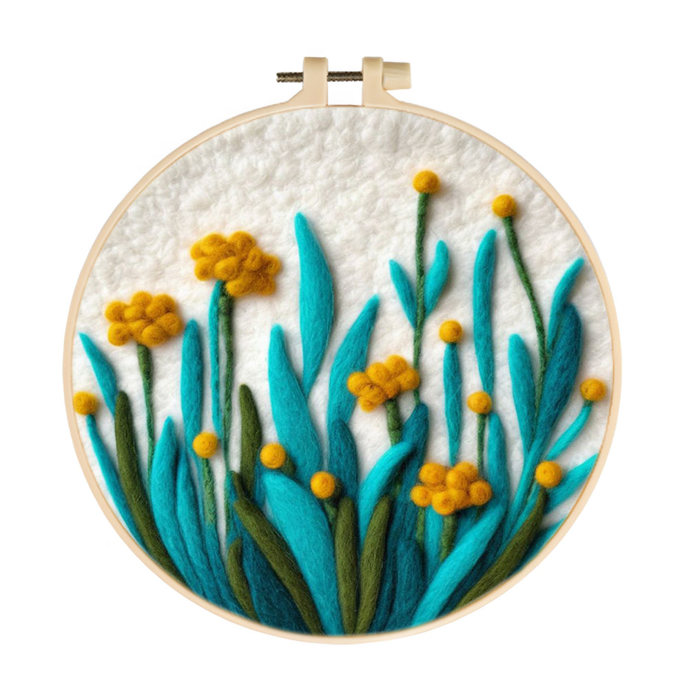 Bright Yellow Flowers with Blue Stems Wool Needle Felting Painting Kit