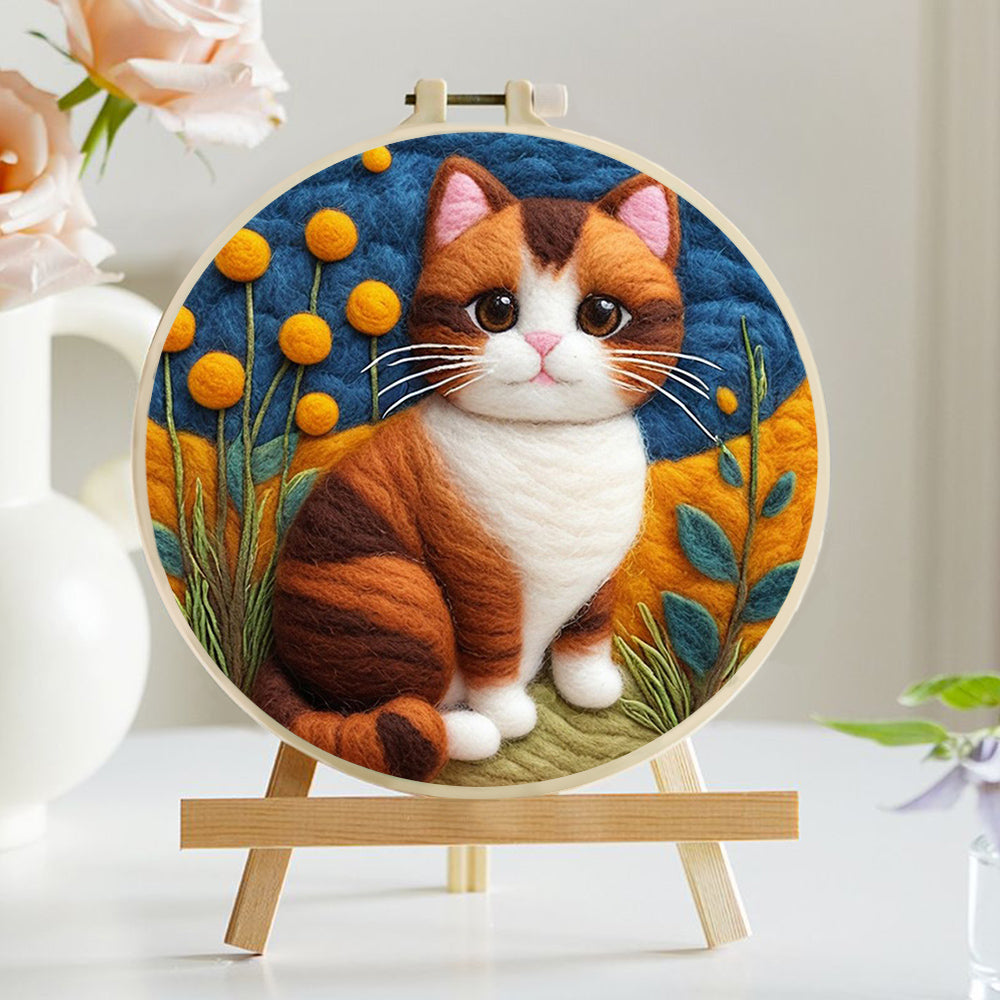 Cat with Big Eyes in Yellow Garden Wool Needle Felting Painting Kit