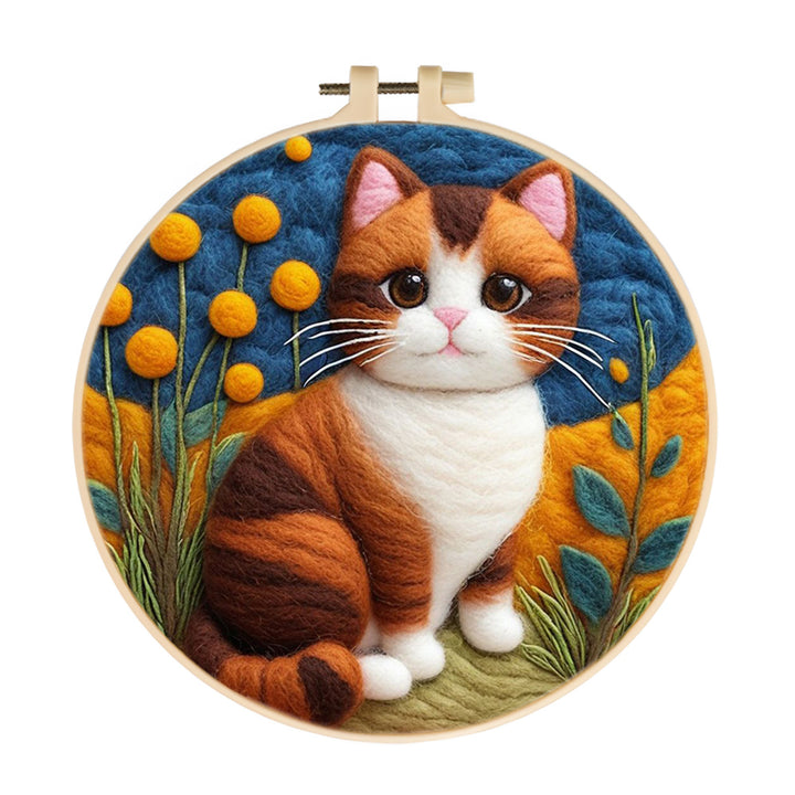 Cat with Big Eyes in Yellow Garden Wool Needle Felting Painting Kit