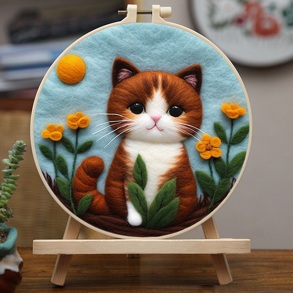 Cat with Yellow Flowers and Blue Sky Wool Needle Felting Painting Kit