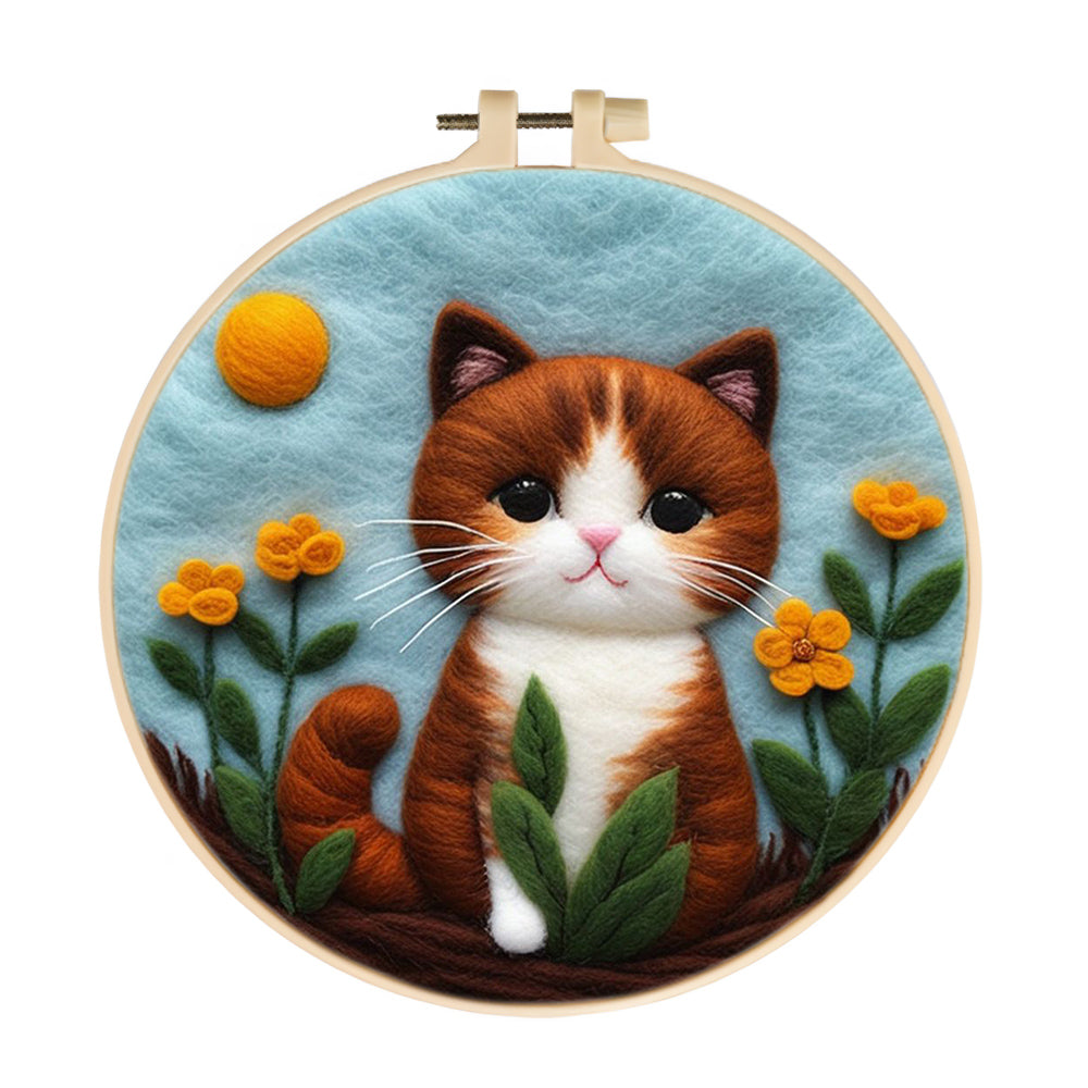 Cat with Yellow Flowers and Blue Sky Wool Needle Felting Painting Kit